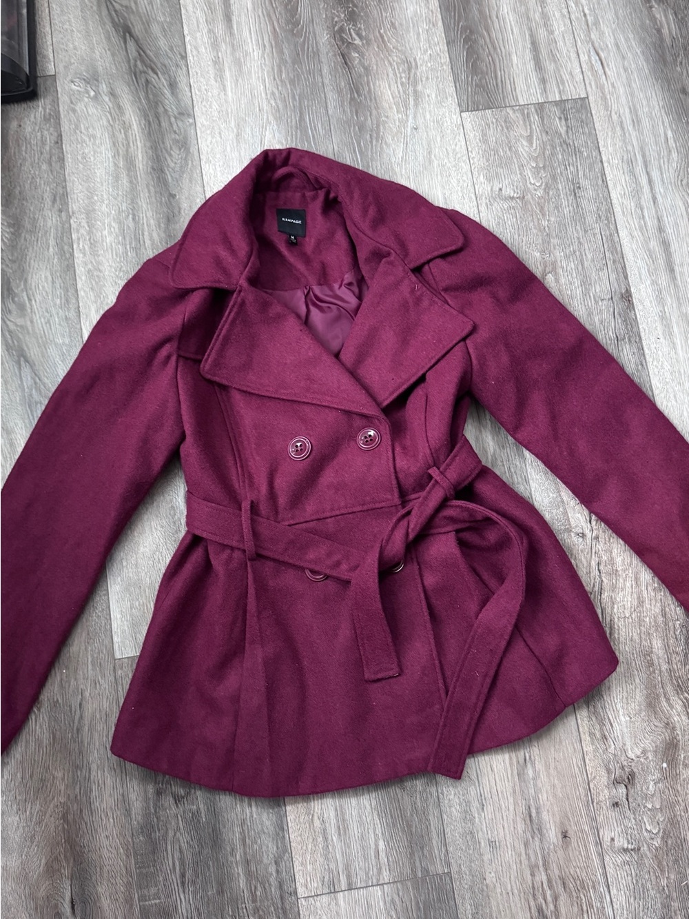 Rampage Burgundy Double-Breasted Belted Peacoat Medium